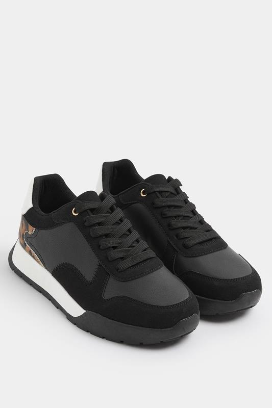 Black Leopard Print Panelled Runner Trainers In Extra Wide EEE Fit | Yours Clothing 1