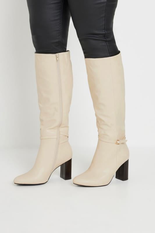 Plus Size  Yours Cream Heeled Knee High Boot In Extra Wide EEE Fit