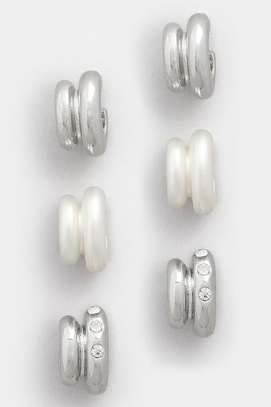 3 PACK Silver Tone Diamante Mini Hoop Earrings Set | Yours Clothing 1
