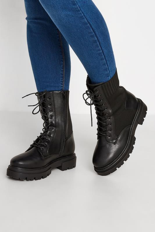 LIMITED COLLECTION Black Sock Lace Up Boots In Wide E Fit & Extra Wide EEE Fit | Yours Clothing 1