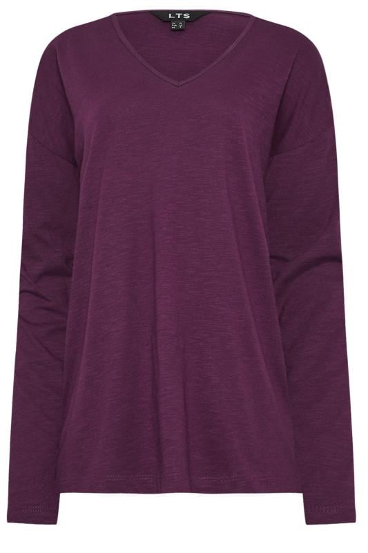 LTS Tall Dark Purple V-Neck Long Sleeve Cotton T-Shirt | Long Tall Sally 5