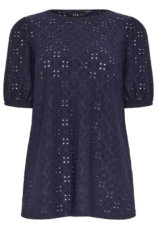 LTS Tall Women's Navy Blue Broderie Anglaise Puff Sleeve Top | Long Tall Sally 5