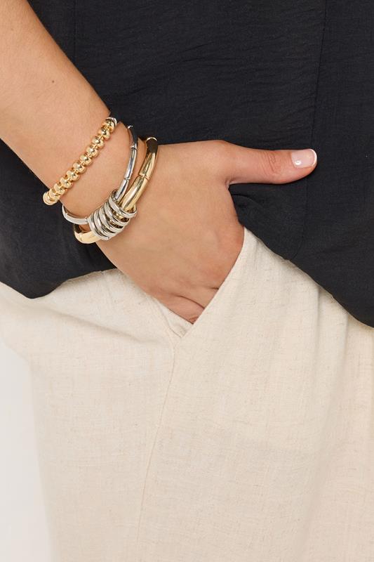 YOURSET 3 PACK Silver Tone Mixed Metal Stretch Bangle Set | Yours Clothing 1