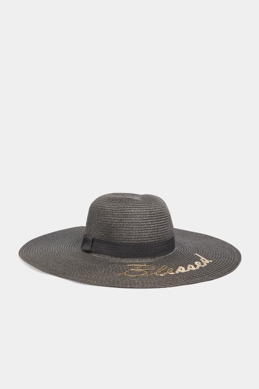 Black 'Blessed' Floppy Straw Hat | Yours Clothing 1