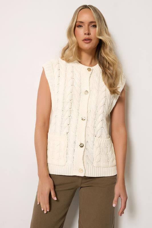  LTS Tall Ivory White Cable Knit Button Vest Top