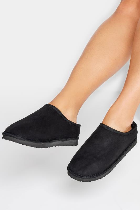 Plus Size  Yours Black Faux Fur Lined Mule Slippers In Wide E Fit
