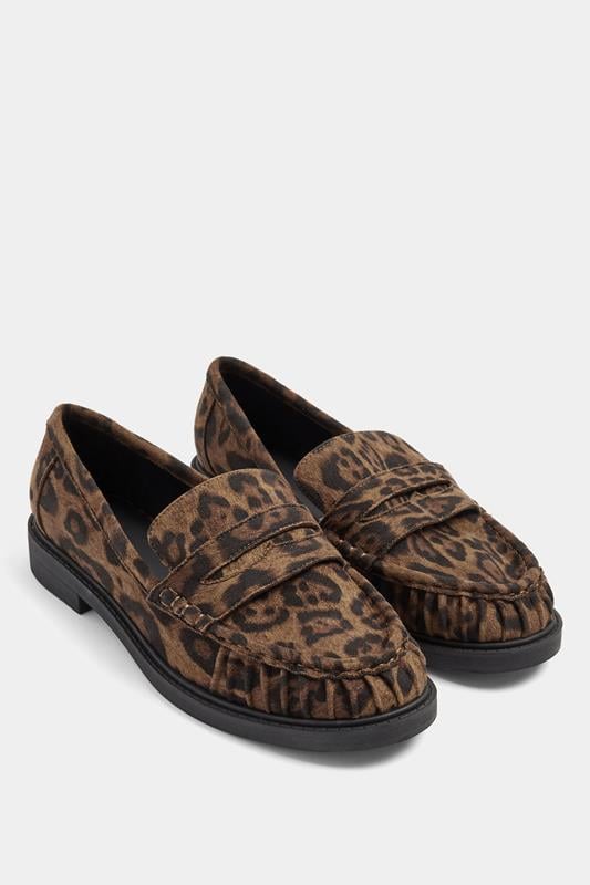 Yours Brown Leopard Print Faux Suede Slip On Loafers In Extra Wide EEE Fit
