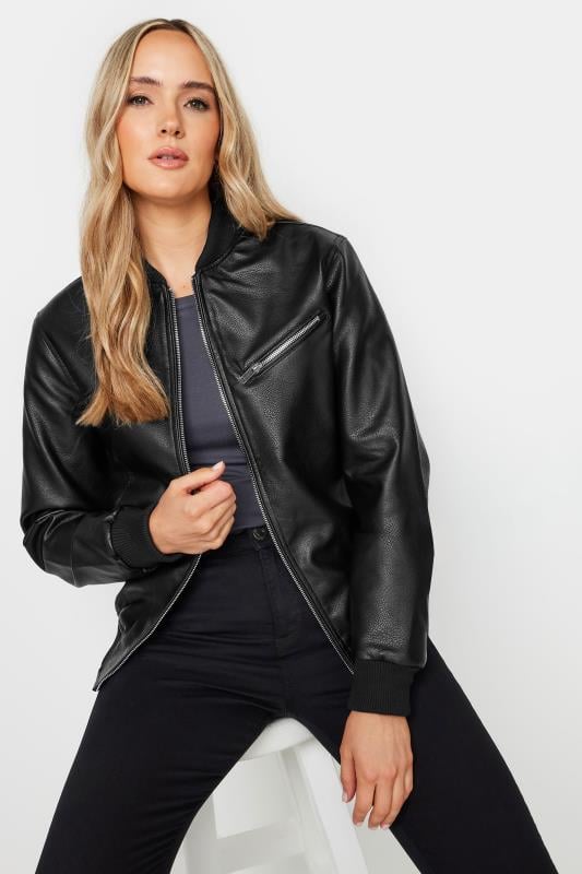 LTS Tall Black Pu Leather Bomber Jacket | Long Tall Sally 2