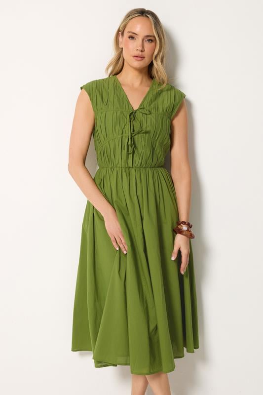 LTS Tall Women's Olive Green Tie Front Cotton Midi Dress | Long Tall Sally 1