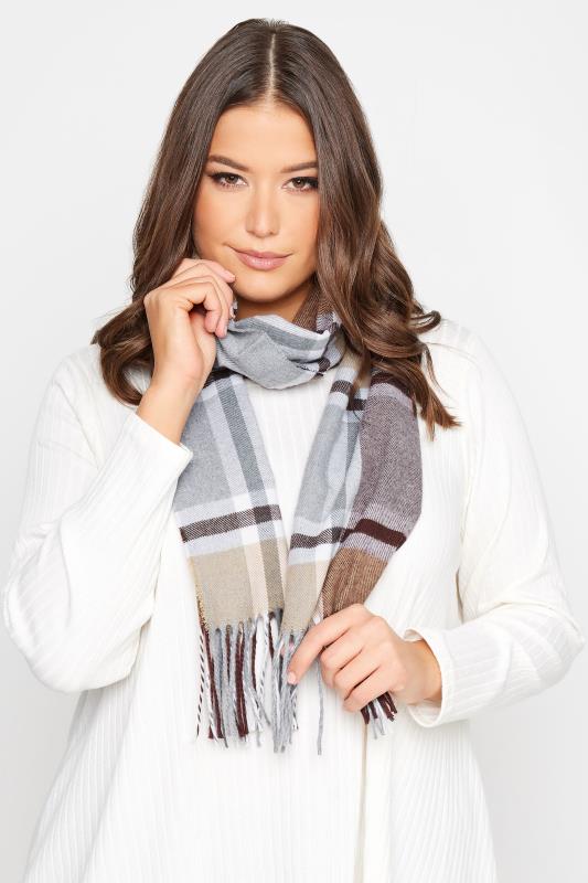 Plus Size  Yours Grey & Brown Check Tassel Scarf