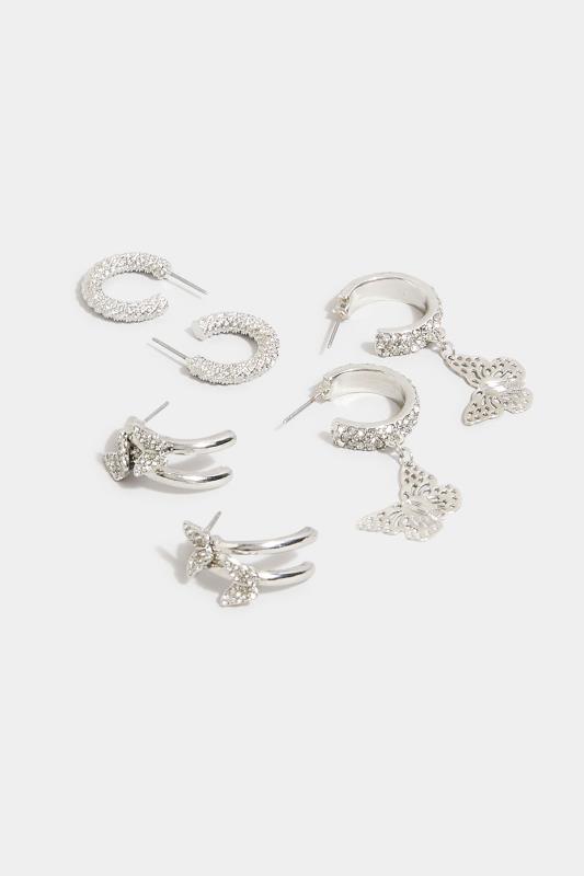 3 PACK Silver Diamante Butterfly Earrings | Yours Clothing  5