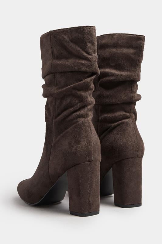 Chocolate Brown Faux Suede Ruched Block Heel Boots In Standard Fit | Yours Clothing 3
