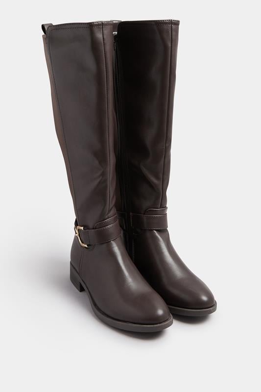 Brown Buckle Stretch Back Knee High Boots In Standard Fit | Yours Clothing 2