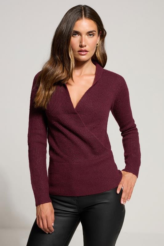 LTS Tall Burgundy Red Knitted Wrap Jumper | Long Tall Sally 1