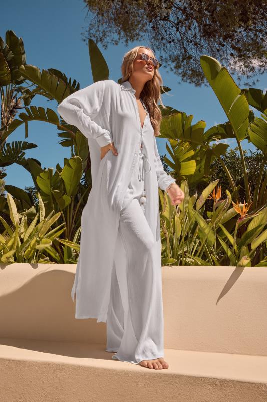 LTS Tall Women's White Crinkle Longline Beach Shirt | Long Tall Sally 1