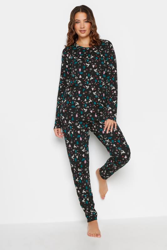 LTS Tall Womens Black Christmas Print Cuffed Pyjama Set | Long Tall Sally  3