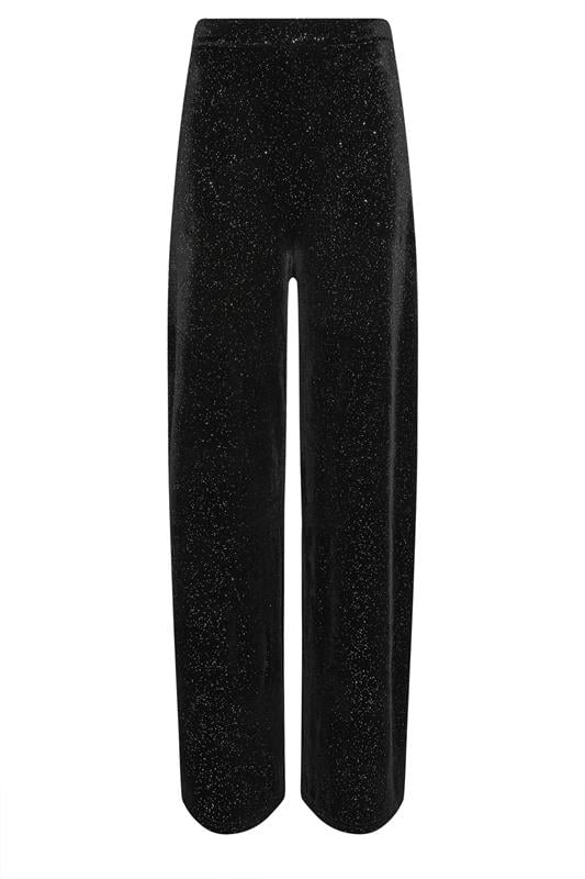 LTS Tall Black Velvet Glitter Wide Leg Trousers | Long Tall Sally  1