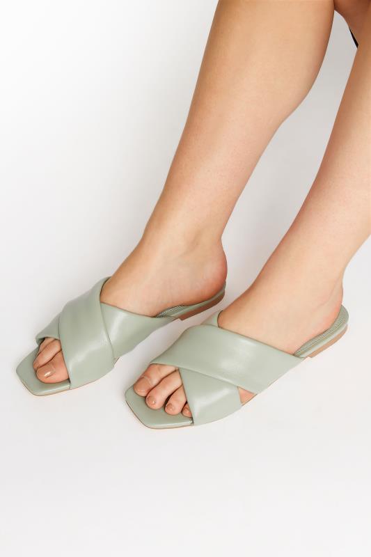 Tall  LTS Sage Green Cross Strap Square Mules In Standard Fit