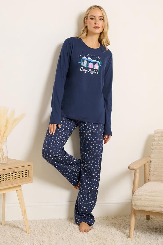 LTS Tall Navy Blue 'Cosy Nights' Slogan Wide Leg Pyjama Set | Long Tall Sally 1