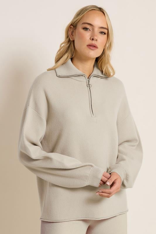 Tall  LTS PREMIUM Tall Beige Brown Half Zip Knitted Jumper