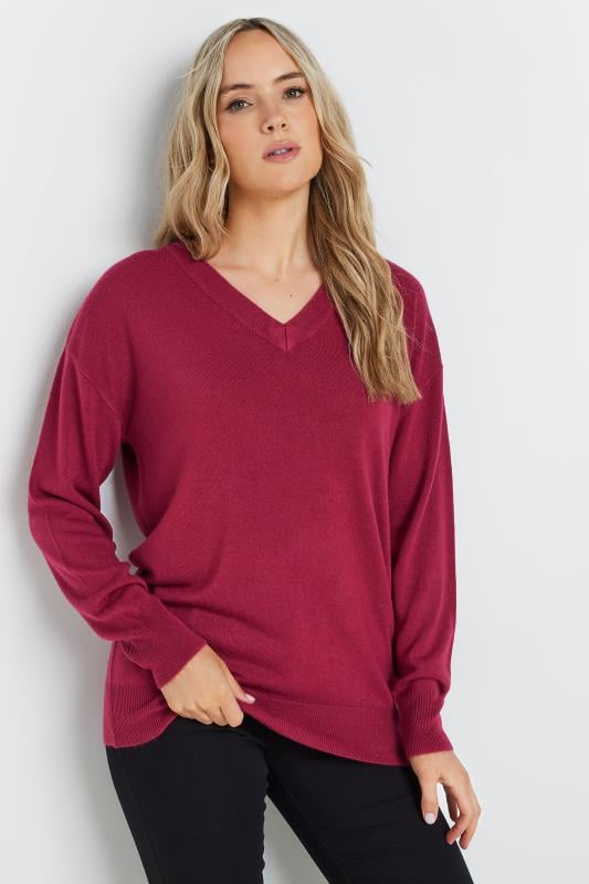 LTS Tall Red Long Sleeve V-Neck Jumper | Long Tall Sally 1