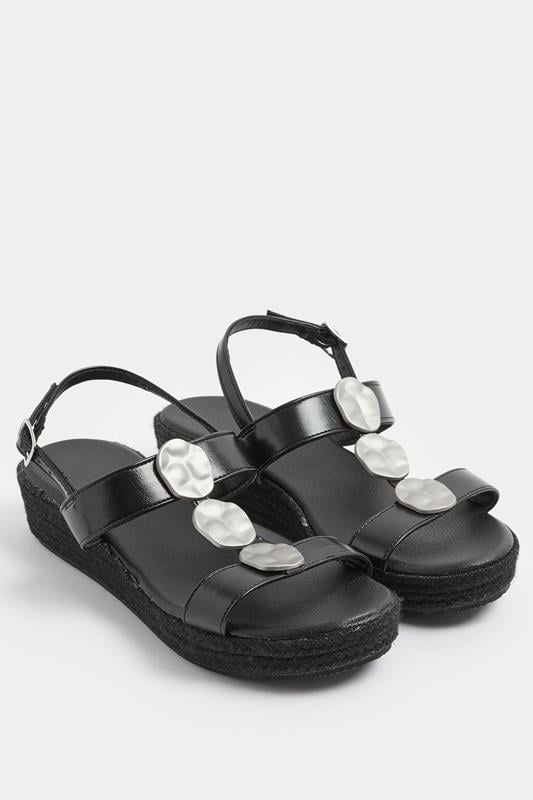  Yours Black Hammered Disk Wedge Sandals In Wide E Fit