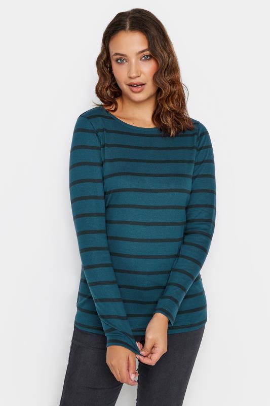LTS Tall Womens Dark Blue & Black Stripe Long Sleeve Cotton T-Shirt | Long Tall Sally  1