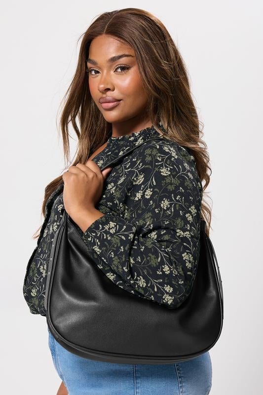 Black Faux Leather Slouched Studded Shoulder Bag | Yours Clothing 2