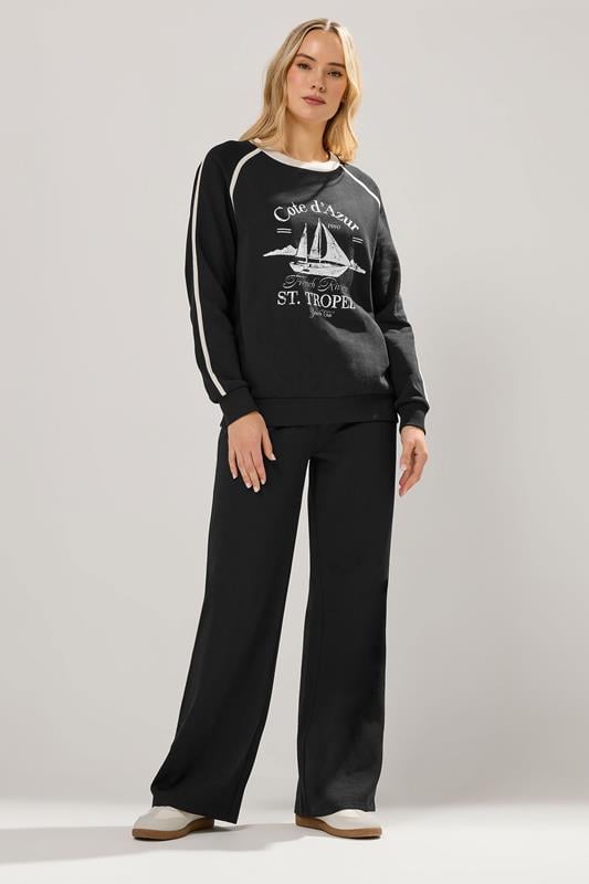 LTS Tall Black 'Cote d'Azur' Slogan Pipe Detail Sweatshirt | Long Tall Sally  2