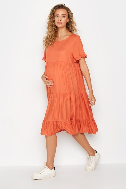 LTS Orange Maternity Tiered Linen Look Smock Dress | Long Tall Sally 2
