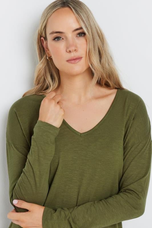 LTS Tall Khaki Green V-Neck Long Sleeve Cotton T-Shirt | Long Tall Sally 4