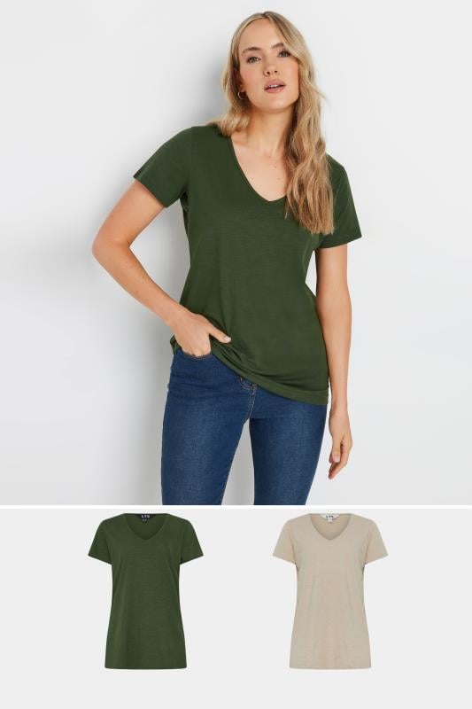 Tall  LTS Tall 2 Pack Khaki Green & Stone Brown V-Neck T-Shirts