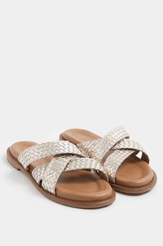 Gold Woven Cross Strap Footbed Sandals In Wide E Fit | Yours Clothing 1