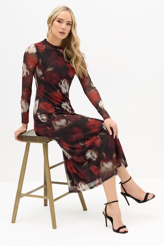 LTS Tall Black Mesh Floral Print Maxi Dress | Long Tall Sally 1