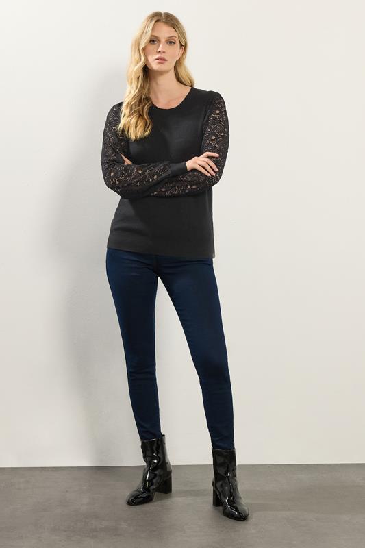 LTS Tall Black Lace Sleeve Knit Jumper | Long Tall Sally 2