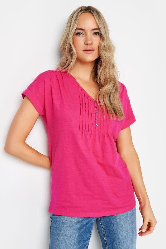 LTS Tall Women's Bright Pink Cotton Henley T-Shirt | Long Tall Sally 1