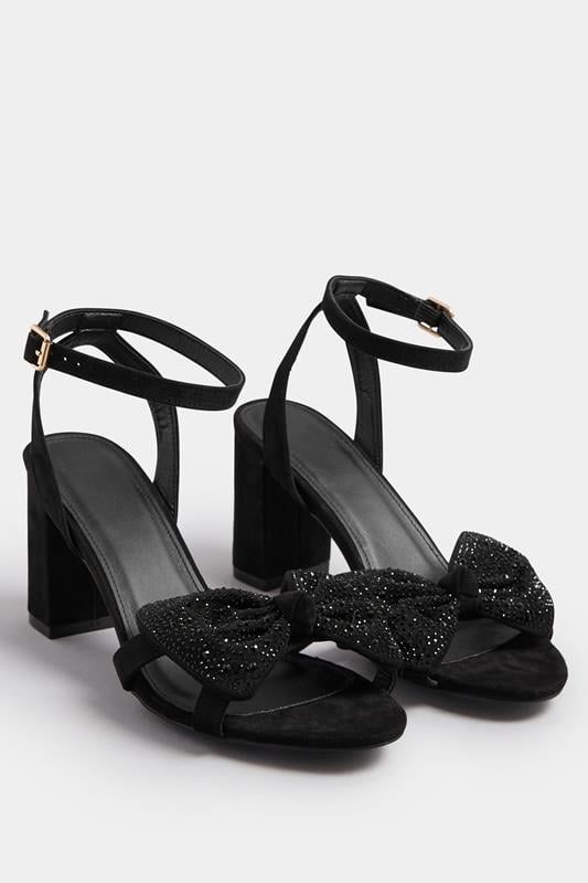 Black Diamante Bow Block Heel Sandals In Extra Wide EEE Fit | Yours Clothing 2