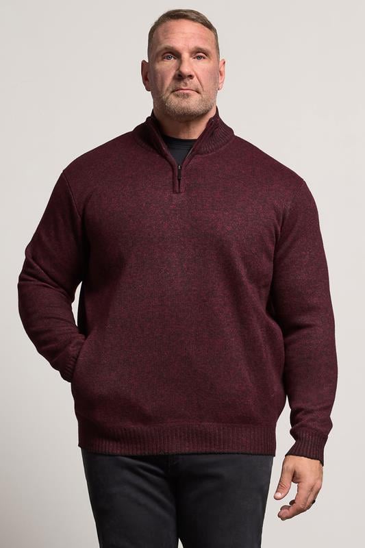 D555 Big & Tall Burgundy Red Quarter Zip Knitted Jumper