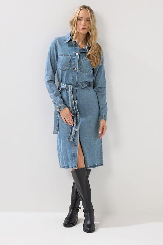 LTS Tall Blue Denim Long Sleeve Belt Tie Midi Dress | Long Tall Sally 1