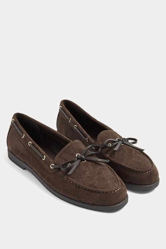  Yours Brown Faux Suede Bow Boat Shoes In Wide E Fit