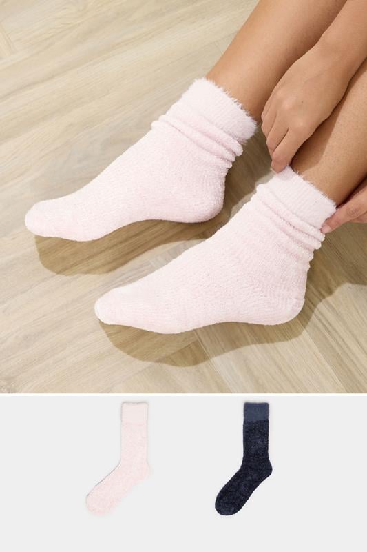 2 PACK Pink & Blue Chenille Ankle Bed Socks | Yours Clothing 1