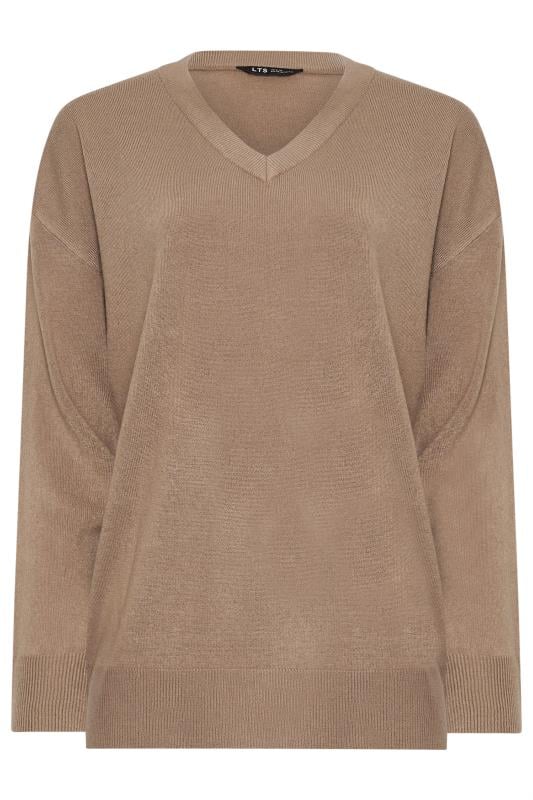 LTS Tall Beige Brown Long Sleeve V-Neck Jumper | Long Tall Sally 1