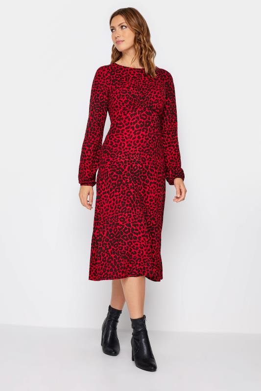 LTS Tall Red Long Sleeve Animal Print Midi Tea Dress 2