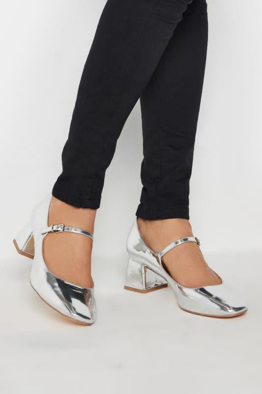 LTS Silver Patent Mary Jane Block Midi Heels In Standard Fit | Long Tall Sally 1