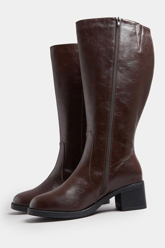 Brown Square Toe Knee High Boots In Extra Wide EEE Fit | Yours Clothing 5