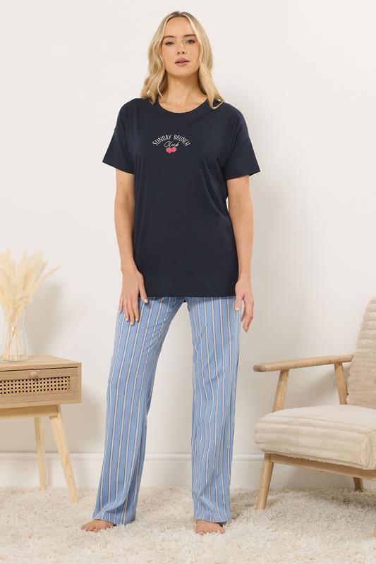 LTS Tall Women's Navy Blue 'Sunday Brunch' Slogan Striped Pyjama Set | Long Tall Sally 2