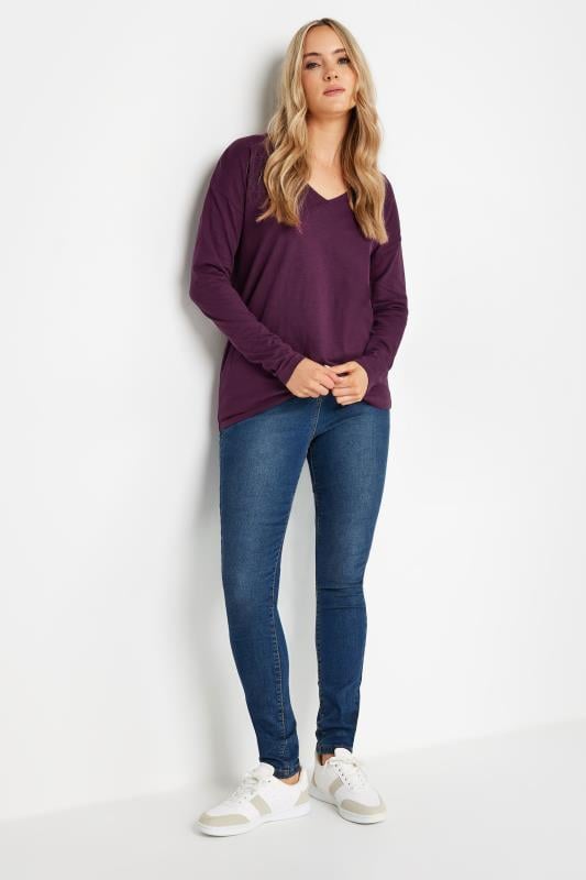 LTS Tall Dark Purple V-Neck Long Sleeve Cotton T-Shirt | Long Tall Sally 2