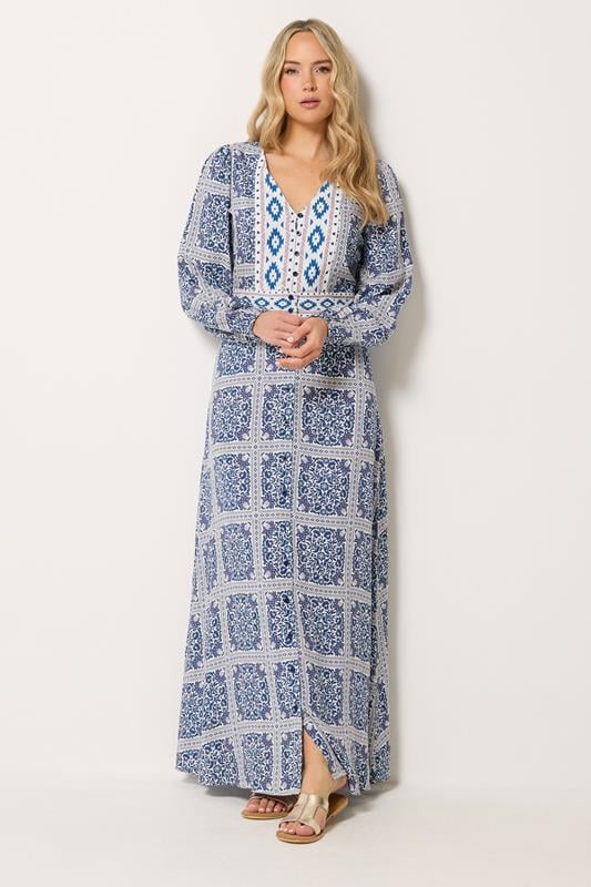  LTS Tall Blue Tile Print Button Maxi Dress