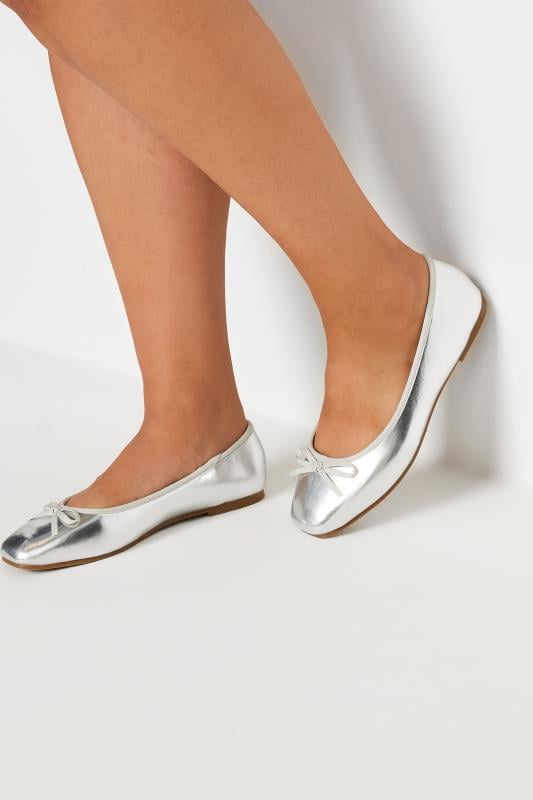 Silver Chisel Toe Ballerina Pumps In Extra Wide EEE Fit | Yours Clothing  1