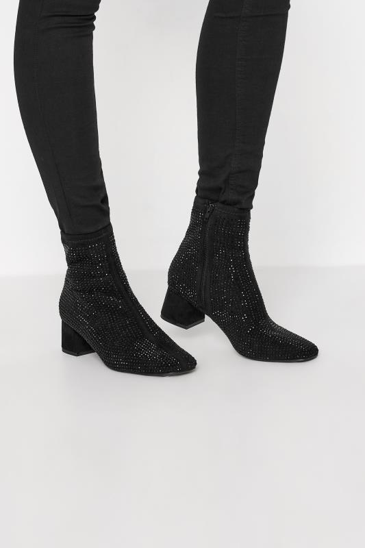 Tall  LTS Black Diamante Block Heel Boots In Standard Fit